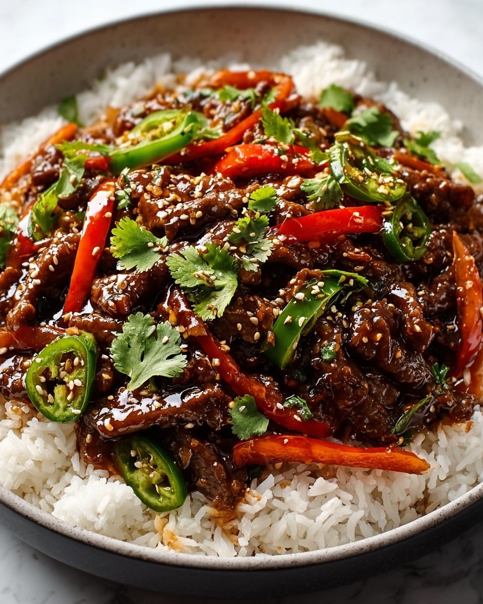 Large white serving bowl filled with aromatic beef stir-fry layered on a generous bed of fluffy steamed white rice, richly coated with glossy dark sauce, vibrant slices of red and green chili peppers, fresh cilantro leaves, and sprinkled sesame seeds, capturing a whole hearty and colorful dish, photographed from a professional 3/4 angle on a white marble countertop with natural lighting like a hero shot from a food magazine, photo taken with an iphone --ar 4:5 --v 7