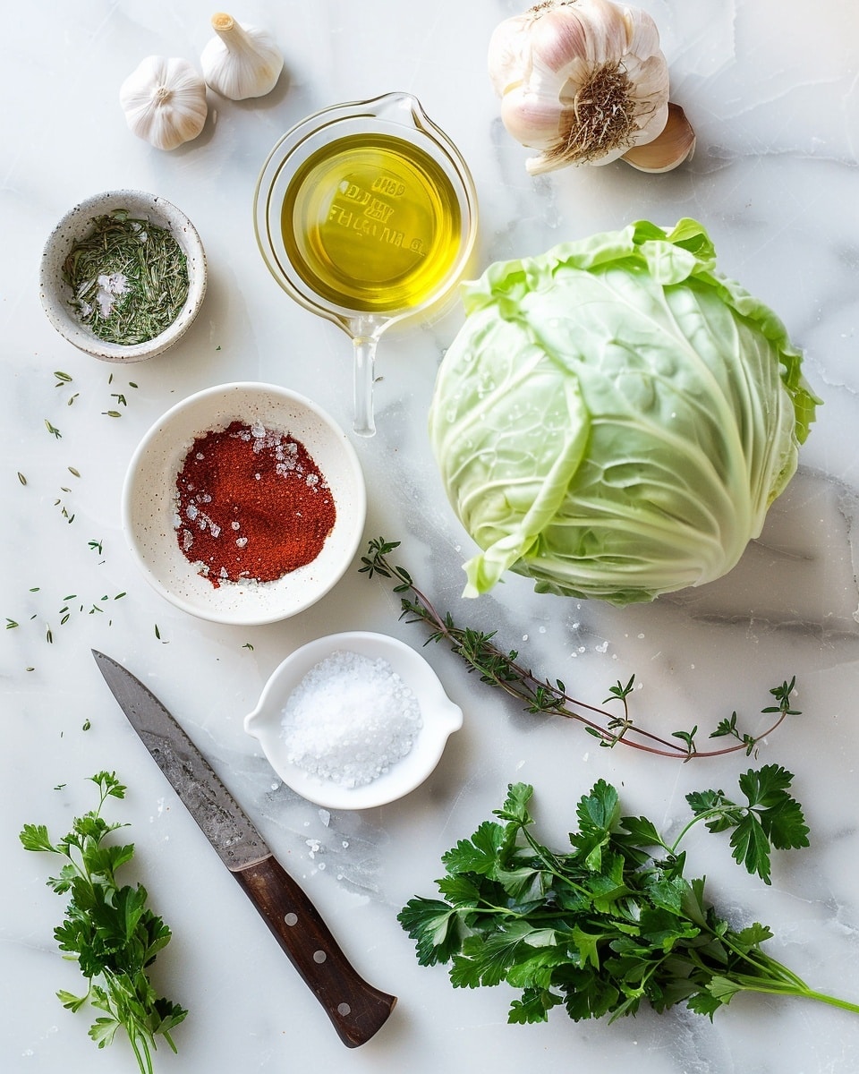 Single white plate featuring one golden brown roasted cabbage steak slice, center layers visible with slight charring and caramelization, sprinkled with fresh chopped herbs, accompanied by a small ramekin of creamy dipping sauce, natural lighting highlights the tender texture and slight crisp edges on a white marble background, styled intimate plated serving photo taken with an iphone --ar 4:5 --v 7