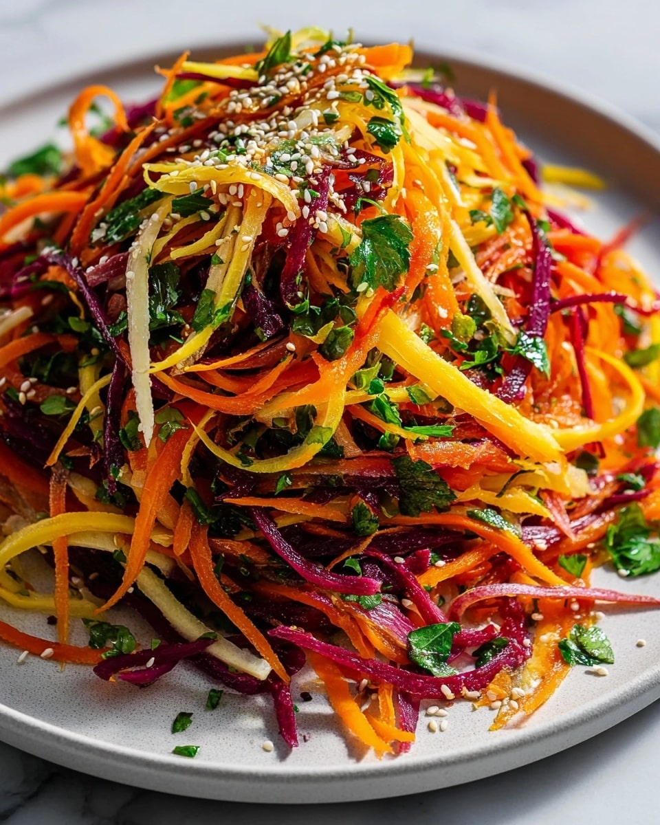 Large white serving bowl filled with vibrant shredded rainbow carrot salad featuring bright orange, purple, and yellow carrots thinly julienned, mixed with fresh green herbs and sprinkled generously with white sesame seeds, presented in a professional 3/4 angle shot on a white marble countertop under natural lighting, showcasing the entire dish as a fresh, colorful, and healthy salad, photo taken with an iphone --ar 4:5 --v 7