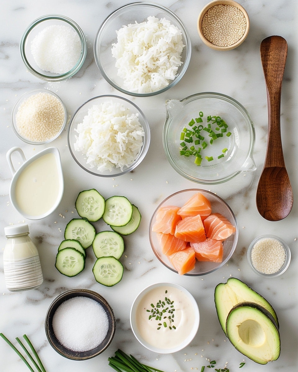 Single white bowl with a plated serving of a poke bowl featuring a close-up of tender, marinated salmon chunks drizzled with creamy spicy sauce, fresh sliced cucumbers sprinkled with sesame seeds and chives, and vibrant avocado slices seasoned with cracked pepper and herbs, all resting on a bed of fluffy white rice, steam lightly rising, photographed with natural lighting on a white marble surface, intimate and angled to reveal the textures and colors of each component, styled as a ready-to-eat portion photo taken with an iphone --ar 4:5 --v 7