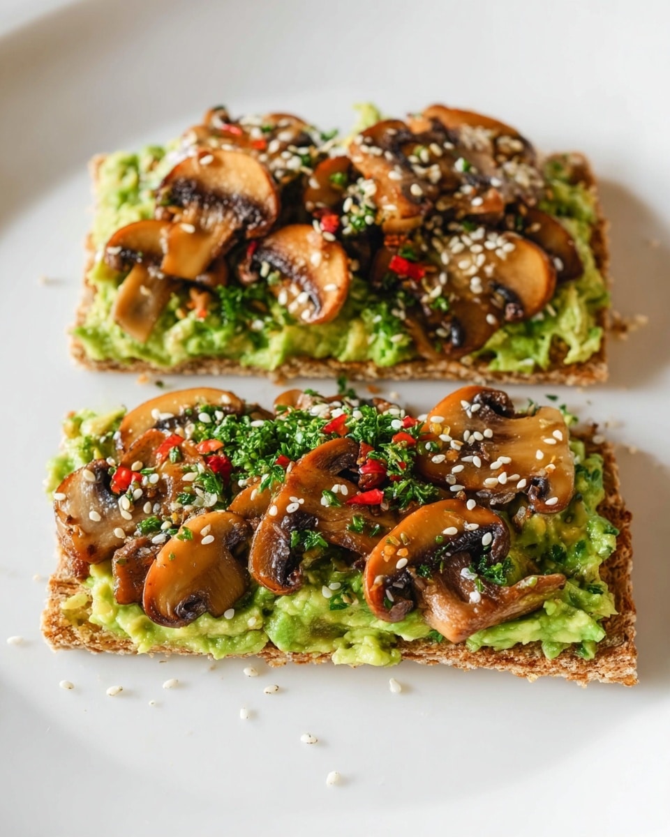 Large white plate with two whole crisp flatbreads topped generously with vibrant green avocado spread mixed with fresh herbs, diced red peppers, and chickpeas, adorned with a scattering of sautéed brown mushroom slices and sprinkled with white sesame seeds, entire dish photographed from a 3/4 angle on white marble countertop, natural light, professional food magazine hero shot photo taken with an iphone --ar 4:5 --v 7