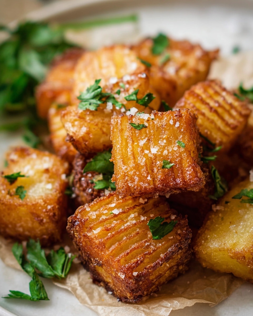 Large white serving tray heaped with crispy, golden-brown fried potato cubes seasoned with finely grated garlic and scattered with fresh chopped parsley, accompanied by a small white bowl filled with vibrant red ketchup for dipping, whole dish displayed on a white marble surface with natural lighting, professional food styling photo taken with an iphone --ar 4:5 --v 7