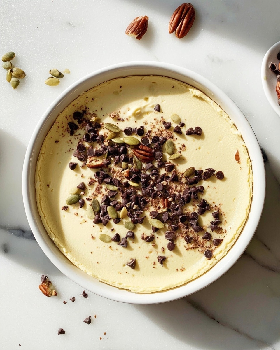 White round ceramic baking dish filled with a whole creamy baked cheesecake topped with scattered chocolate chips, toasted pecans, and pumpkin seeds, the smooth and slightly golden top perfectly set, surrounded by a few crumbs on a clean white marble countertop, natural sunlight highlighting the rich texture, professional overhead food photography, photo taken with an iphone --ar 4:5 --v 7