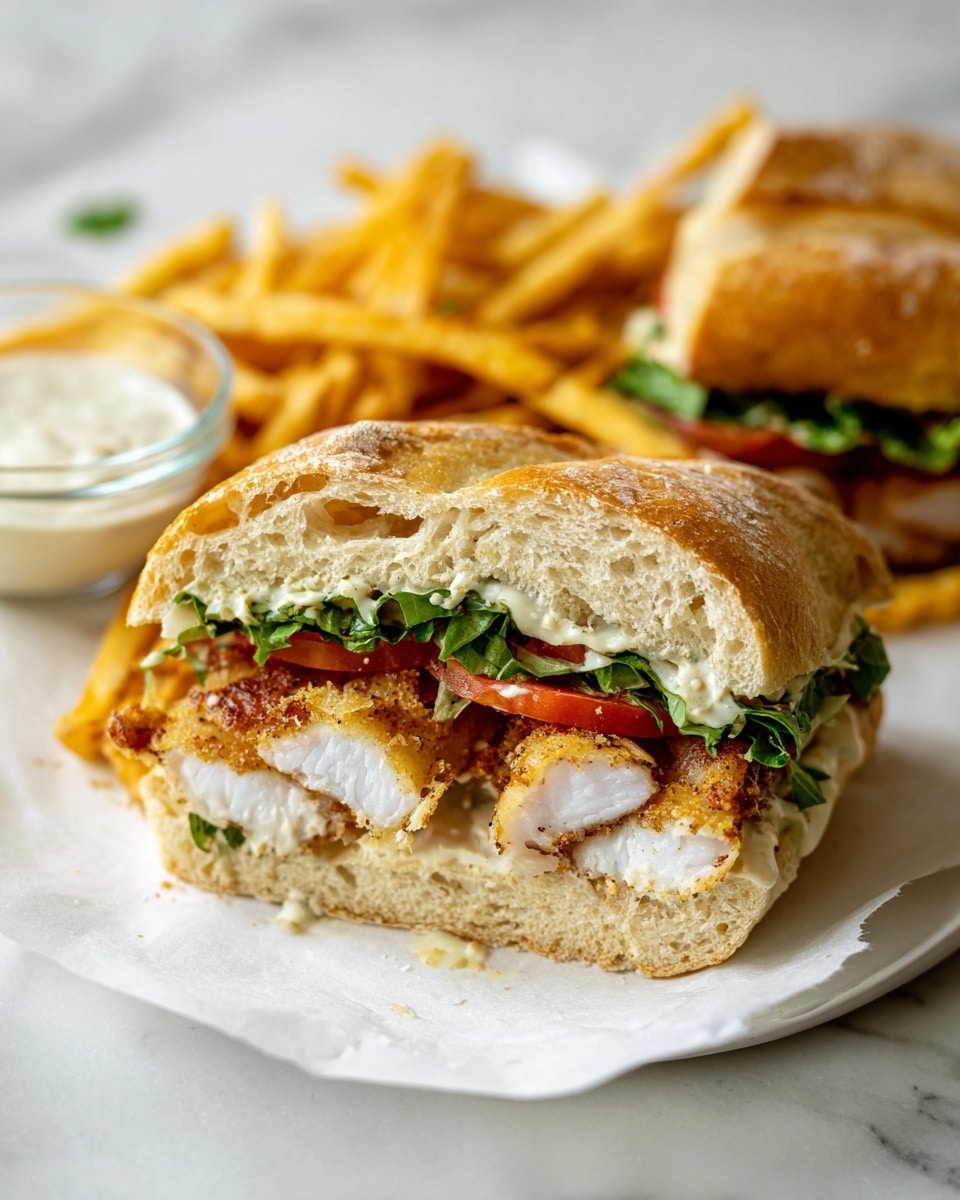 A large, crisp sandwich filled with golden, crispy fried fish fillets layered with fresh green lettuce and thick, juicy slices of ripe red tomatoes, held within a long, crusty white sub roll. Surrounding the sandwich is a generous heap of perfectly cooked, golden French fries seasoned lightly, all presented on a white parchment-lined surface. In the background, a fresh white marble countertop provides a clean, elegant contrast, with natural lighting highlighting the textures and colors, capturing the entire sandwich and fries as a complete meal. photo taken with an iphone --ar 4:5 --v 7