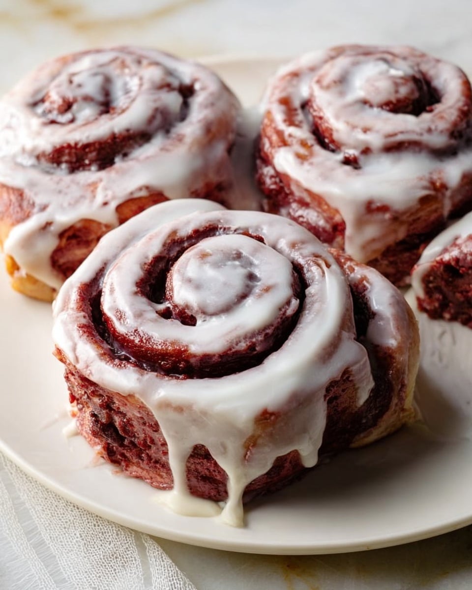White rectangular serving tray filled with six large red velvet cinnamon rolls, each topped with a thick spiral of creamy white icing dripping slightly down the sides, arranged neatly to show the full swirls and rich red color of the dough, entire dish viewed from a 3/4 angle on a white marble countertop with natural lighting, styled as a professional hero food magazine shot, photo taken with an iphone --ar 4:5 --v 7