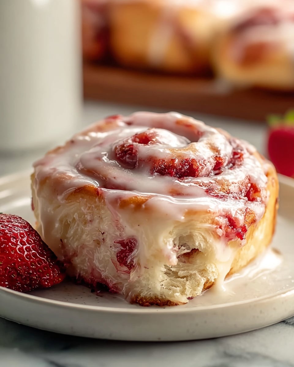 White rectangular baking dish filled with a full batch of freshly baked strawberry cinnamon rolls, each swirl generously packed with vibrant red strawberry filling and topped with glossy, smooth white glaze dripping enticingly down the sides, the rolls puffed up and golden-browned at the edges, shown from a 3/4 angle with the entire dish visible, placed on a white marble countertop under natural lighting, styled as an inviting hero shot from a food magazine, photo taken with an iphone --ar 4:5 --v 7