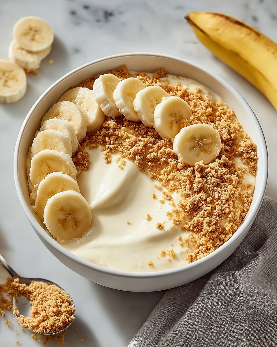 Large white bowl filled with a creamy banana pudding dessert, featuring a smooth layer of vanilla pudding topped with a generous scattering of golden graham cracker crumbs and a neat row of fresh banana slices, whole dish captured from a 3/4 angle on a white marble countertop with natural lighting, styled as a professional food magazine hero shot, photo taken with an iphone --ar 4:5 --v 7
