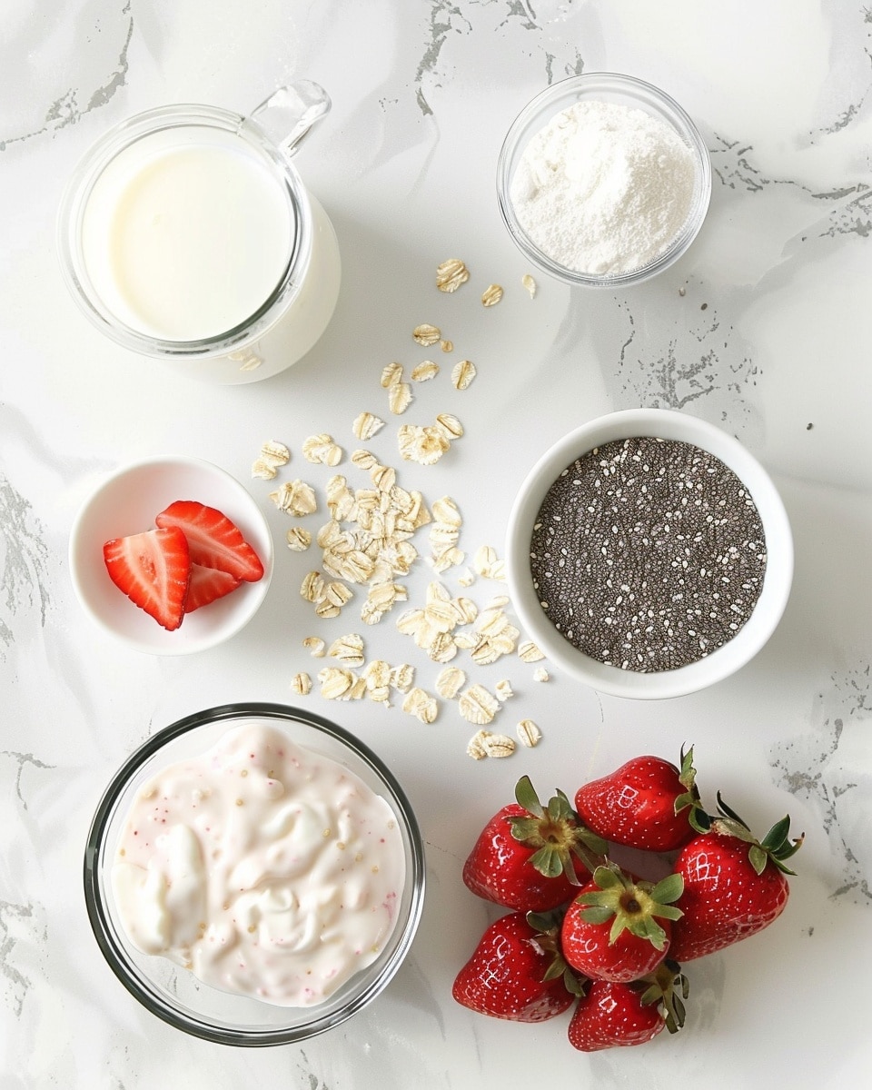 Single white bowl containing a close-up, intimate serving of creamy strawberry overnight oats with chunks of fresh strawberry pieces visible throughout the textured mix of oats and chia seeds, layered with pink-hued yogurt or milk base, styled to showcase the thick, luscious consistency and vibrant colors, set on a white marble surface with natural lighting emphasizing freshness, photo taken with an iphone --ar 4:5 --v 7
