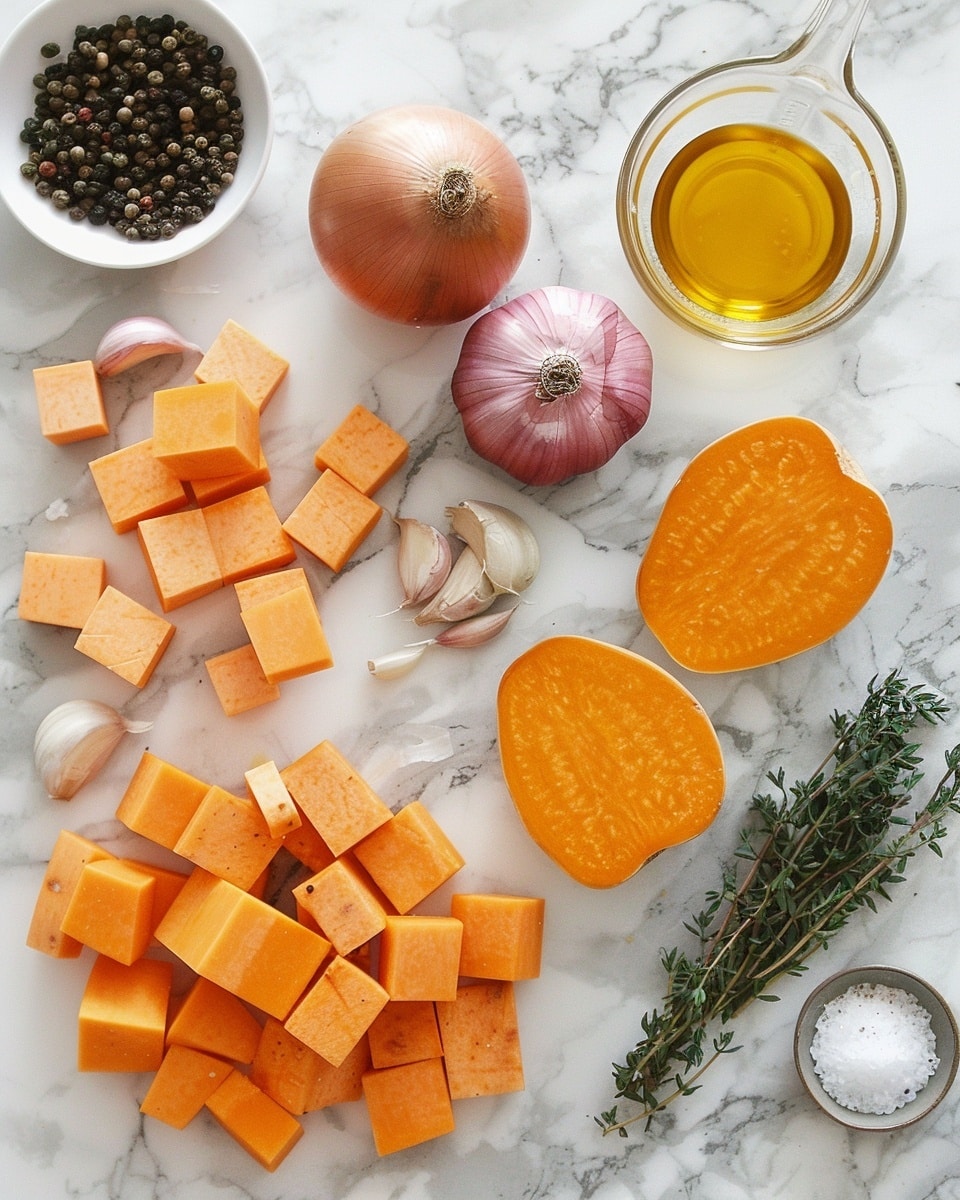 Single white plate featuring a plated serving of roasted butternut squash and caramelized red onions, close-up angled view showing tender, golden-orange squash cubes with crispy edges and soft caramelized onion strips scattered on top, garnished with fresh sprigs of thyme, natural lighting highlighting the warm textures and slight char, laid on a white marble surface, intimate plated serving photo taken with an iphone --ar 4:5 --v 7