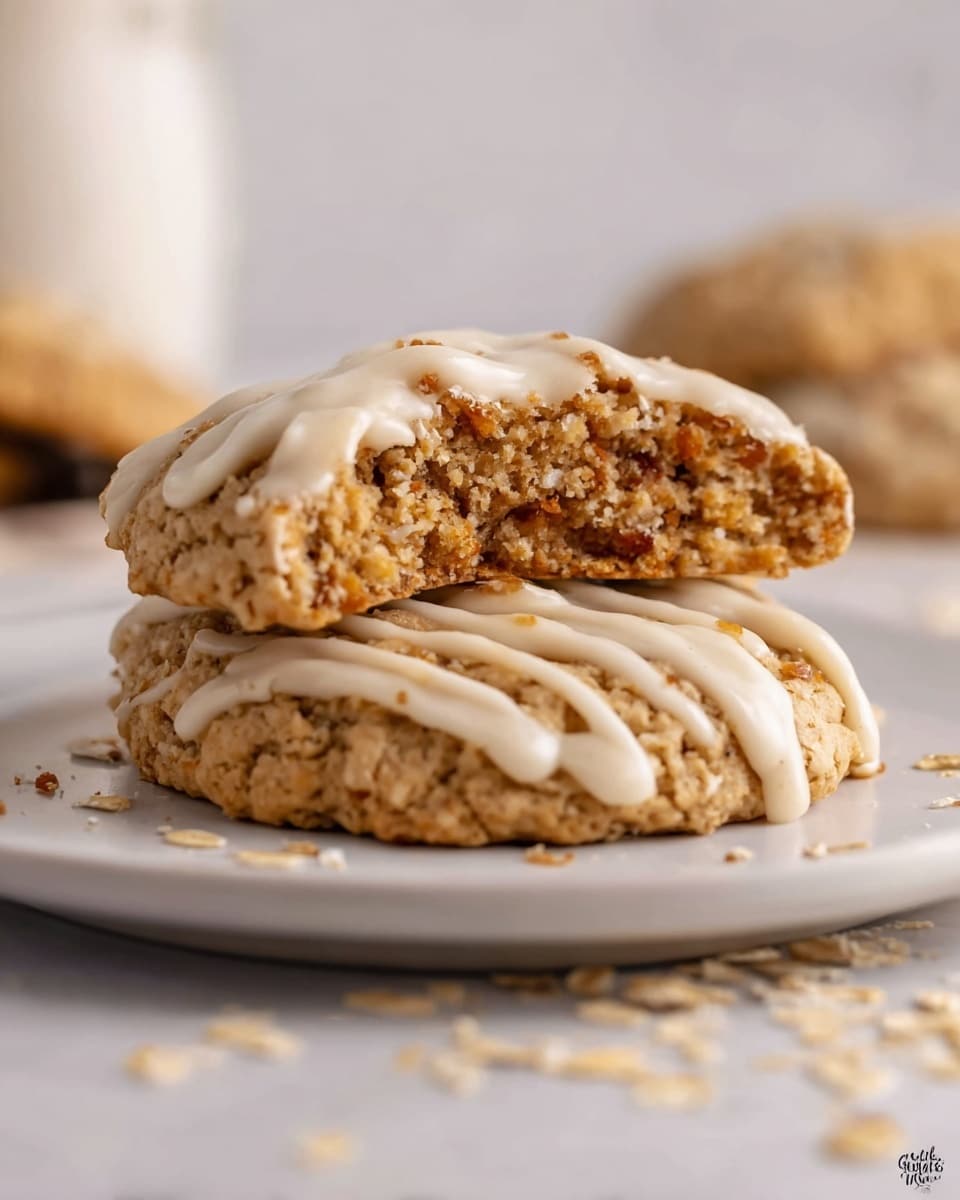 White rectangular baking dish filled with a full batch of freshly baked oatmeal cookies drizzled generously with creamy cinnamon icing, each cookie golden-brown and textured with oats, arranged neatly to showcase the entire uncut batch, photographed from a professional 3/4 angle on a white marble countertop, with natural lighting emphasizing the rich texture and icing, perfect food magazine hero shot, photo taken with an iphone --ar 4:5 --v 7