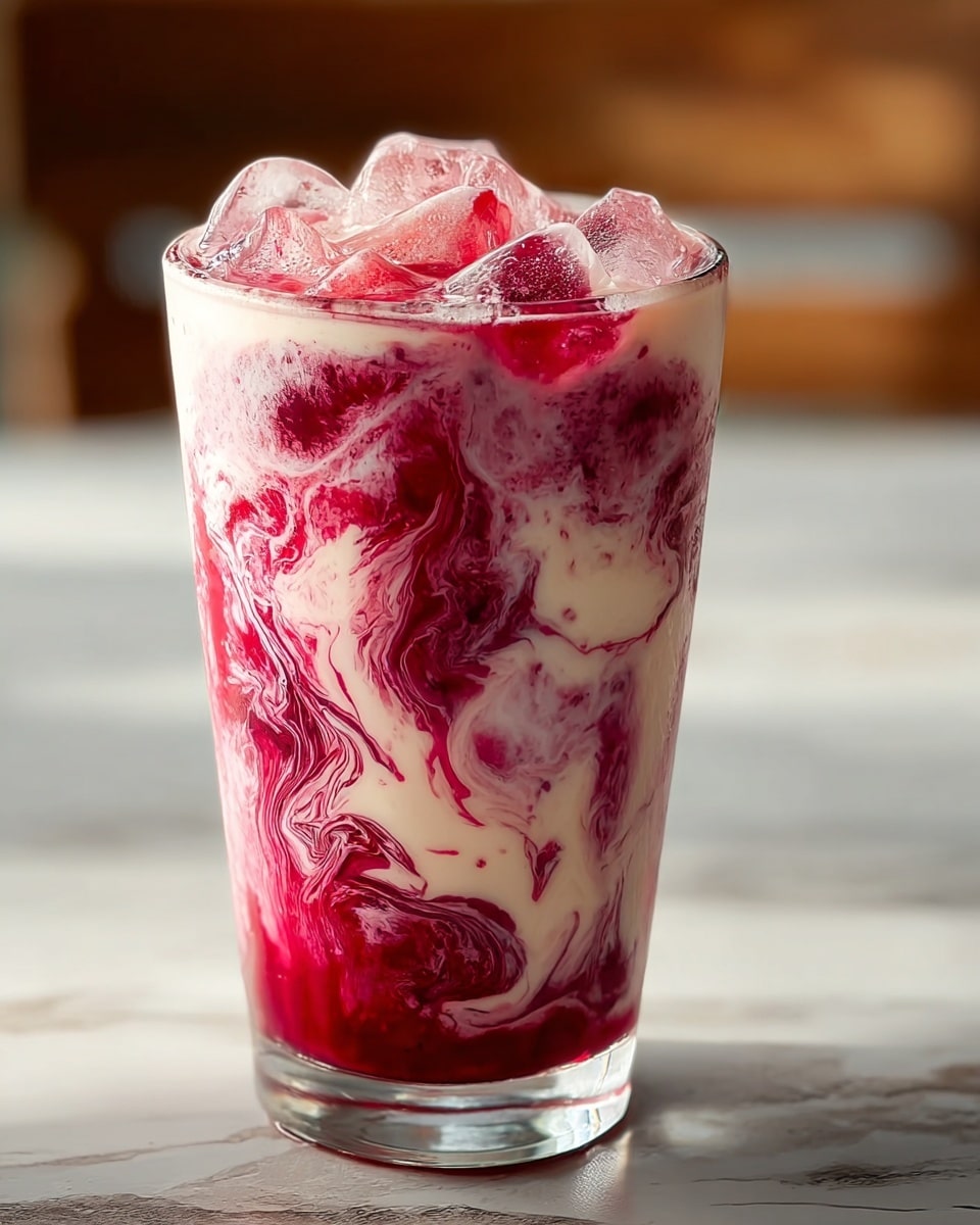 Tall clear white glass filled with a full serving of vibrant red and white swirled berry cream drink with visible ice cubes, showing the entire beverage uncut and complete, placed on a white marble countertop under natural light, professional food styling, photographed from a 3/4 angle, photo taken with an iphone --ar 4:5 --v 7