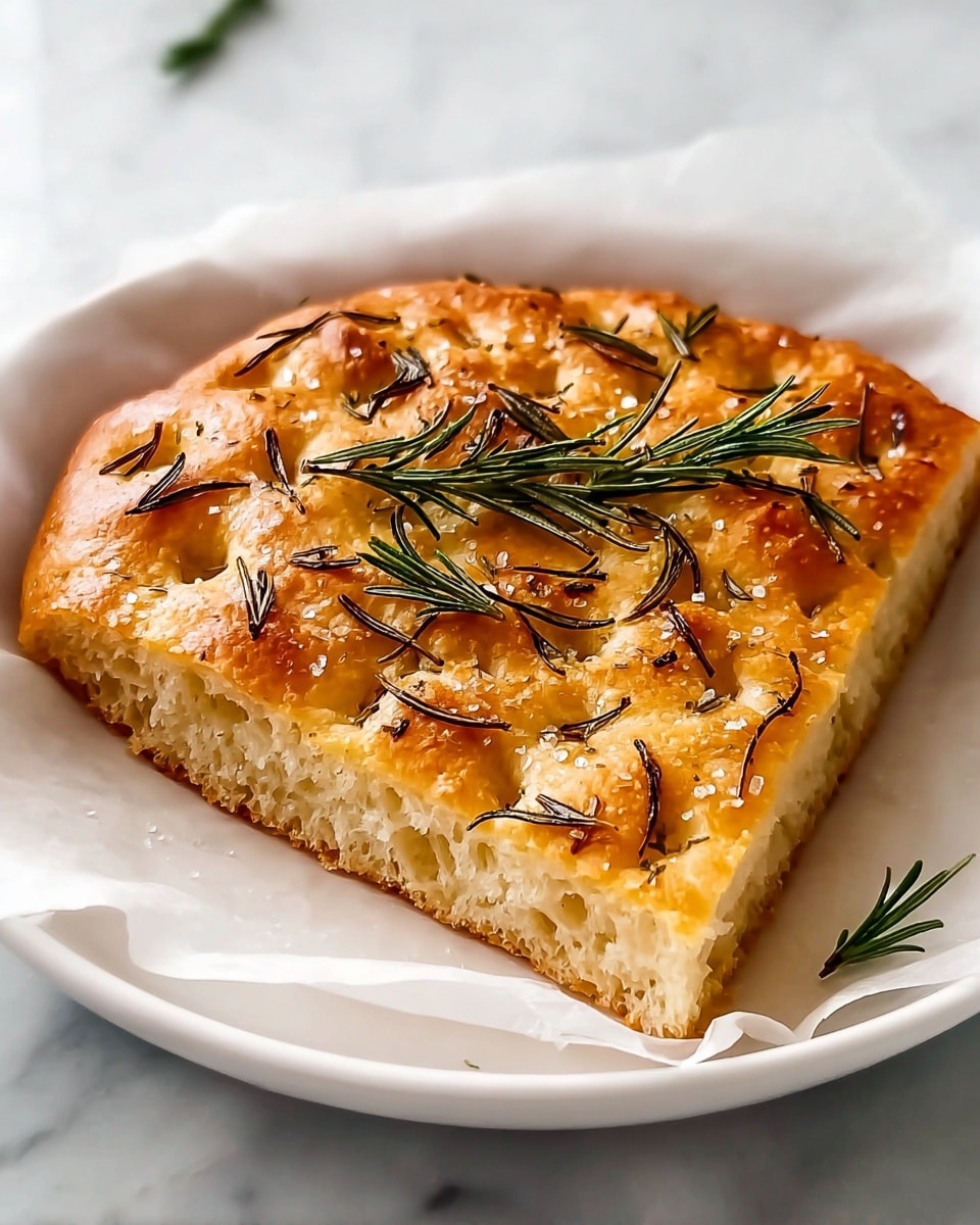 Golden whole focaccia bread baked to perfection in a round white ceramic baking dish lined with parchment paper, topped with scattered fresh rosemary sprigs and a generous sprinkle of coarse sea salt flakes, crust beautifully crisp with a soft, airy interior visible through the dimpled surface, presented on a white marble countertop under natural lighting, captured from a professional 3/4 angle hero shot for a food magazine, photo taken with an iphone --ar 4:5 --v 7