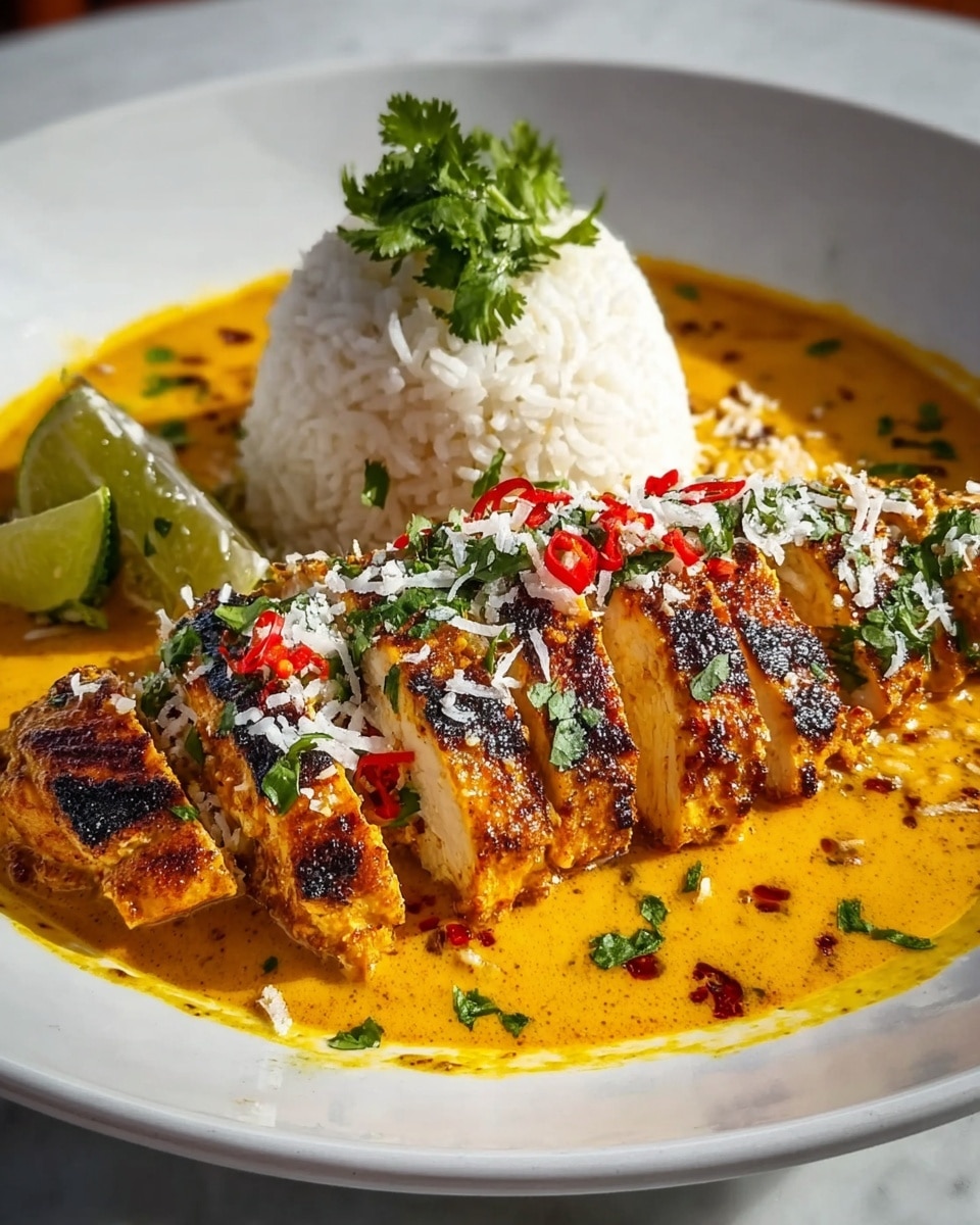 Large white oval serving platter featuring a whole roasted tandoori chicken, beautifully marinated in vibrant yellow and orange spices with charred grill marks, generously coated in creamy turmeric sauce, garnished with fresh chopped cilantro and thin coconut shreds, surrounded by lemon slices for zest, accompanied by a complete mound of fragrant basmati rice topped with spices and herbs, entire dish presented on a white marble countertop under natural light, professional 3/4 angle food magazine hero shot photo taken with an iphone --ar 4:5 --v 7