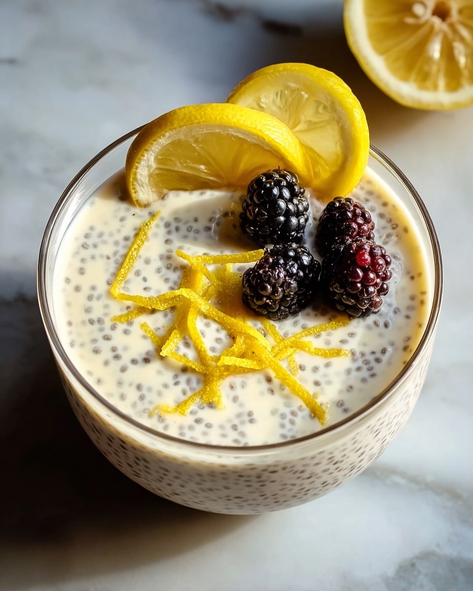 Large white ceramic bowl filled with creamy lemon chia pudding, speckled with chia seeds throughout, topped with an artful arrangement of thin lemon zest strips, fresh blackberries, and thin lemon slices resting elegantly on the side of the bowl, presented on a white marble countertop with natural lighting highlighting the smooth texture and fresh ingredients, professional 3/4 angle food magazine hero shot, photo taken with an iphone --ar 4:5 --v 7