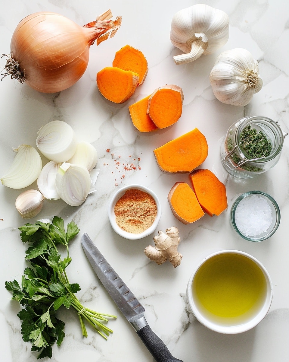 Single white bowl of creamy pumpkin soup with a smooth orange texture, artfully swirled with white cream and sprinkled with bright red chili flakes, close-up angled view emphasizing the velvety soup surface and vibrant garnishes, placed on a clean white marble countertop, styled as a cozy, intimate plated serving, natural lighting highlighting the richness and warmth of the dish, photo taken with an iphone --ar 4:5 --v 7