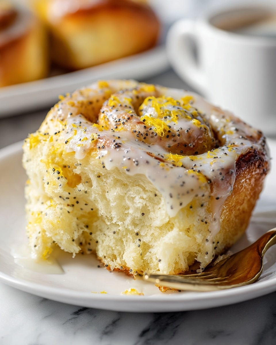 Large white rectangular baking pan filled with a whole batch of golden-brown lemon poppy seed rolls covered with a glossy white glaze, sprinkled generously with fresh lemon zest, showcasing fluffy swirled dough spirals with specks of poppy seeds, photographed from a 3/4 angle on a white marble countertop in natural lighting, professional food styling photo taken with an iphone --ar 4:5 --v 7