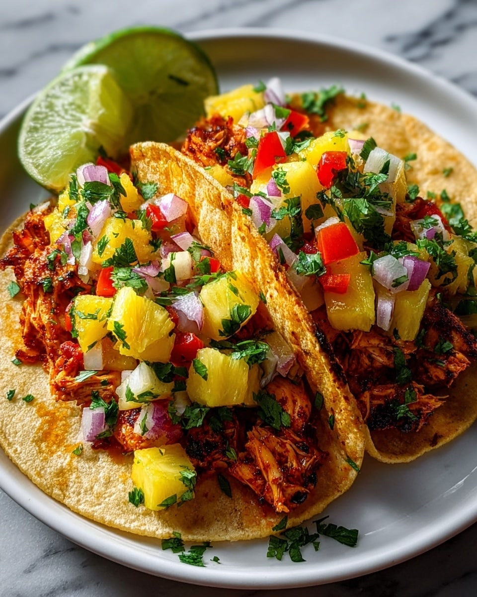 Large white serving platter featuring an array of whole grilled chicken tacos, each nestled in soft, lightly charred corn tortillas, generously filled with seasoned grilled chicken pieces, fresh pineapple chunks, finely chopped onions, cilantro, and diced red peppers, accompanied by lime wedges and a side of diced pineapple, arranged artfully on a white marble countertop, photographed from a professional 3/4 angle with natural lighting, capturing the vibrant colors and textures of the full dish, food magazine hero shot photo taken with an iphone --ar 4:5 --v 7