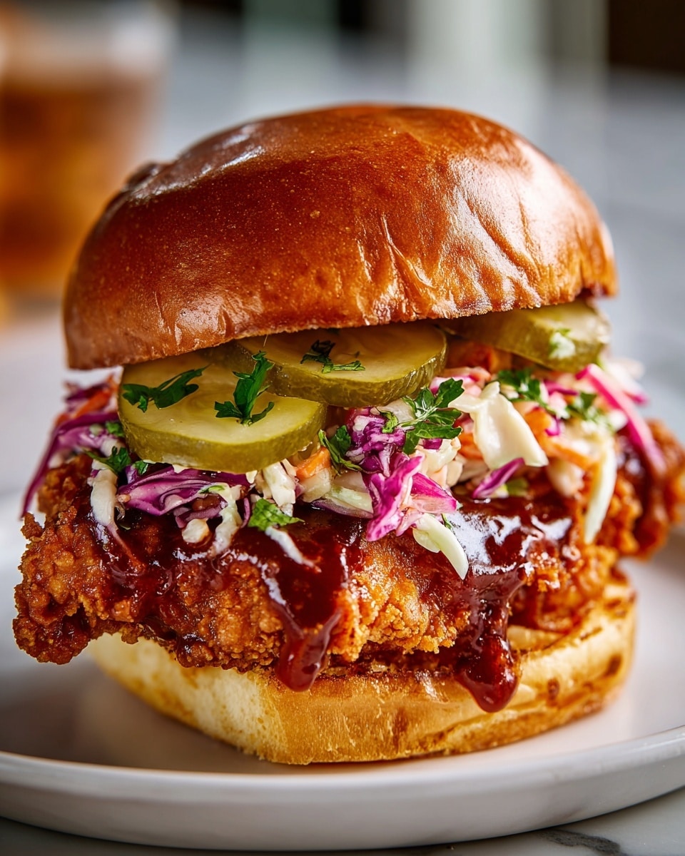 Four large white sandwich buns filled with crispy fried chicken coated in a shiny spicy glaze, layered generously with fresh shredded coleslaw consisting of purple and green cabbage, and thick pickle slices, all arranged together on a rectangular white platter, photographed from a 3/4 angle on a white marble countertop with natural lighting, styled like a gourmet food magazine hero shot, photo taken with an iphone --ar 4:5 --v 7
