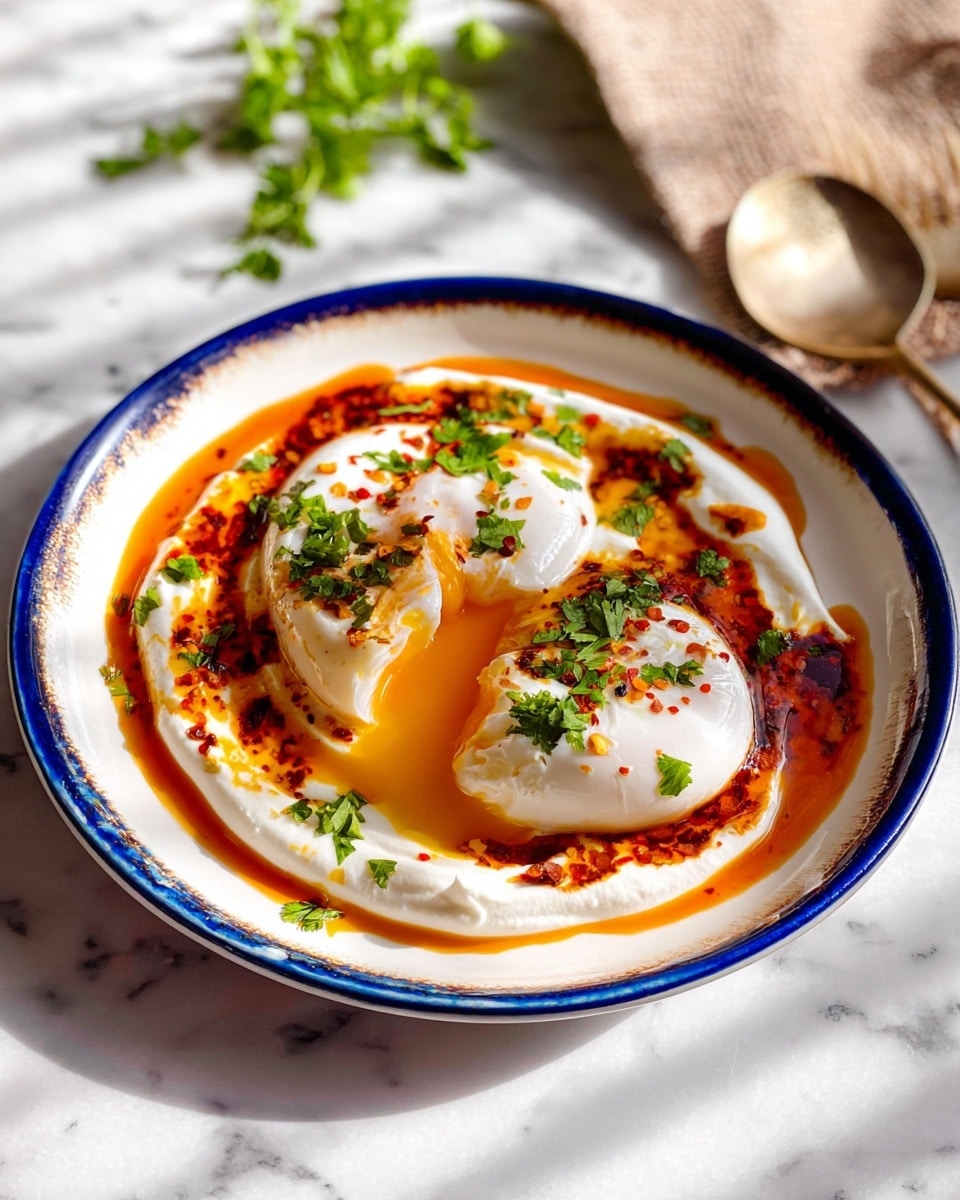 Large white serving bowl filled with multiple portions of Turkish yogurt eggs (Çılbır), featuring perfectly poached eggs nestled on a bed of creamy, tangy yogurt, generously drizzled with vibrant red paprika-infused melted butter and sprinkled with fresh chopped parsley, whole dish elegantly presented from a 3/4 angle on a white marble countertop with natural lighting, professional food magazine hero shot photo taken with an iphone --ar 4:5 --v 7
