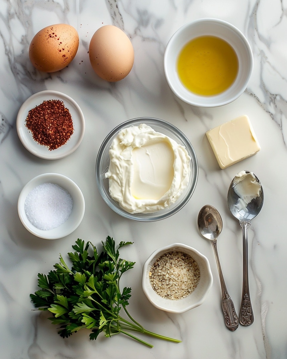 Single white plate featuring two perfectly poached eggs nestled on a velvety bed of creamy yogurt, generously swirled with vibrant red chili-infused oil and sprinkled with finely chopped fresh parsley, the eggs’ delicate texture visible with one revealing a rich, slowly flowing yolk, close-up angled shot highlighting the contrast between the smooth yogurt and the bright, spicy oil, set on a white marble surface under natural light, styled as a ready-to-eat serving from a food blog, photo taken with an iphone --ar 4:5 --v 7