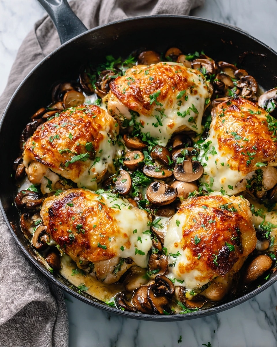 Large black skillet filled with whole golden roasted stuffed chicken thighs topped with melted cheese, surrounded by sautéed sliced mushrooms and fresh herbs, showcasing the entire dish with a crispy skin and juicy filling, placed on a white marble countertop, natural lighting highlighting the rich colors, professional food styling, photo taken with an iphone --ar 4:5 --v 7