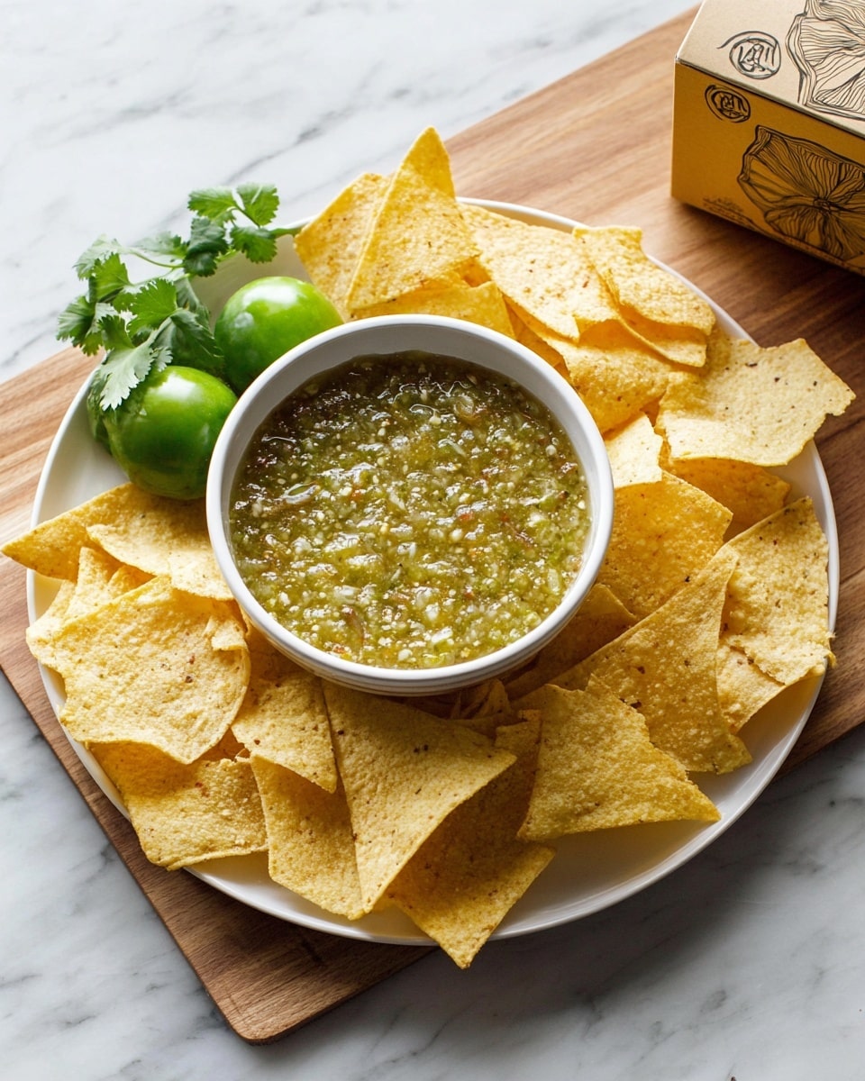 White bowl filled with vibrant green salsa made from roasted tomatillos and jalapeños, placed on a large white platter surrounded by a generous, full open bag of golden, crispy tortilla chips spilling onto the surface, with fresh whole tomatillos, lime wedges, jalapeños, and cilantro arranged attractively alongside, all presented on a rich wooden board over a white marble background, natural lighting highlighting the fresh textures and colors, professional food styling hero shot photo taken with an iphone --ar 4:5 --v 7