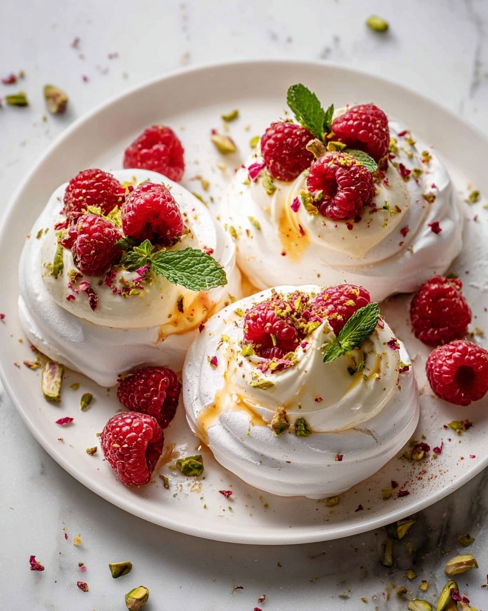 Three whole white meringue nests beautifully arranged on a large white plate, each topped with a dollop of creamy custard, fresh raspberries, and a sprinkle of crushed pistachios and mint leaves, the meringues perfectly round and unbroken with a delicate crisp texture, shot from a 3/4 angle on a white marble surface with natural lighting, styled as a professional food magazine hero shot, photo taken with an iphone --ar 4:5 --v 7