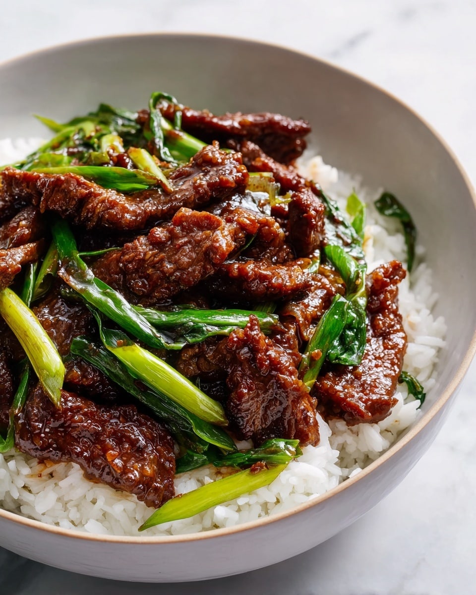 Large white serving bowl filled with a generous portion of stir-fried beef with green scallions and peppers, served over a bed of fluffy steamed white rice, showcasing tender, caramelized beef pieces glistening in a rich savory sauce with vibrant fresh green vegetables, whole dish photographed from a 3/4 angle on a white marble countertop, natural lighting emphasizing texture and color, professional food styling photo taken with an iphone --ar 4:5 --v 7