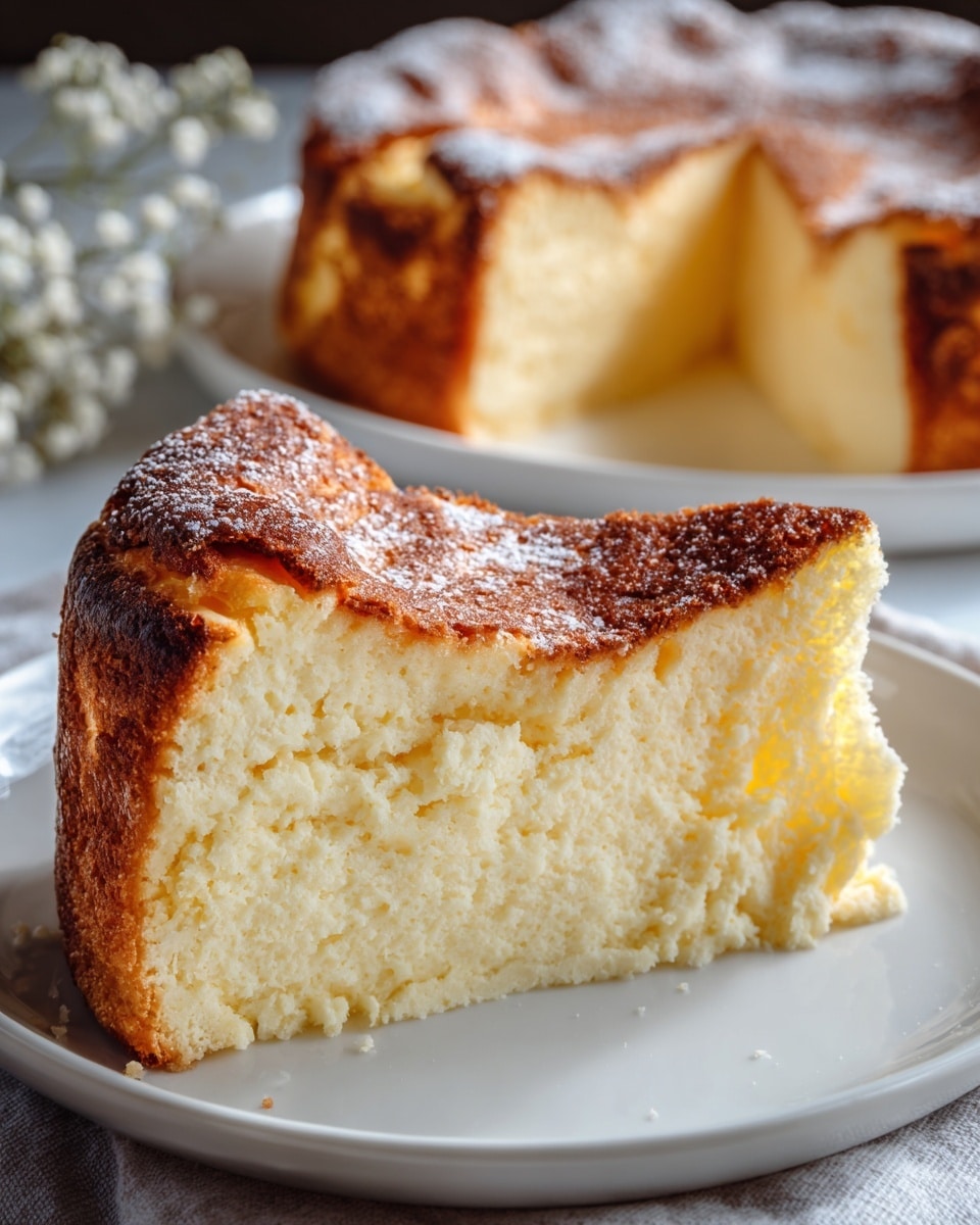 Whole round cheesecake with a golden-brown caramelized top and creamy white interior, perfectly smooth and uncut, presented on a large white plate, photographed from a 3/4 angle on a white marble surface with natural lighting, styled as a hero shot for a food magazine photo taken with an iphone --ar 4:5 --v 7