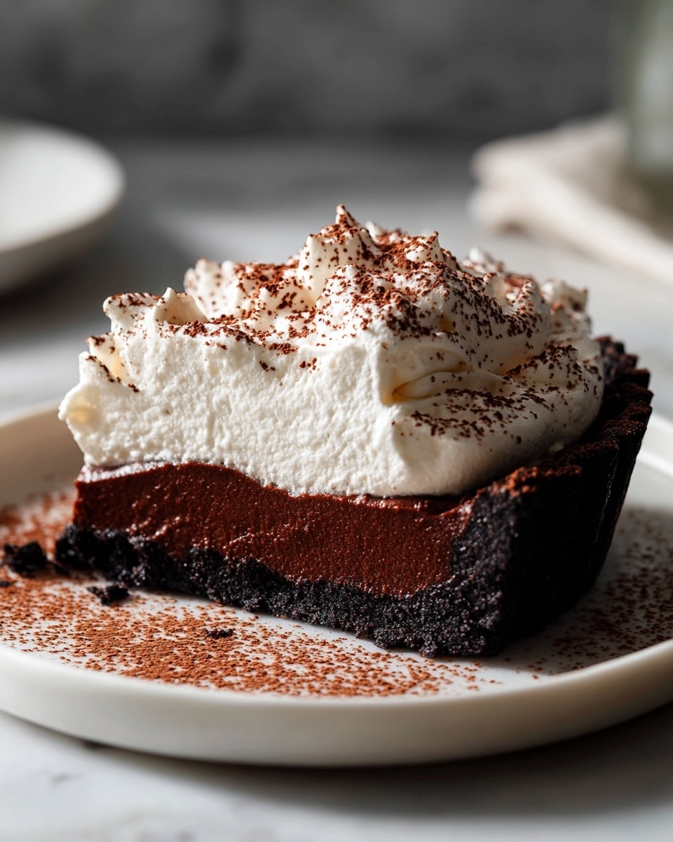 Whole uncut rich chocolate tart with a smooth, dense dark chocolate filling in a firm chocolate cookie crust, topped generously with swirls of fluffy white whipped cream dusted with fine cocoa powder, presented on a white marble cake stand, shot from a 3/4 angle with natural lighting on a white marble countertop, professional food magazine hero shot photo taken with an iphone --ar 4:5 --v 7
