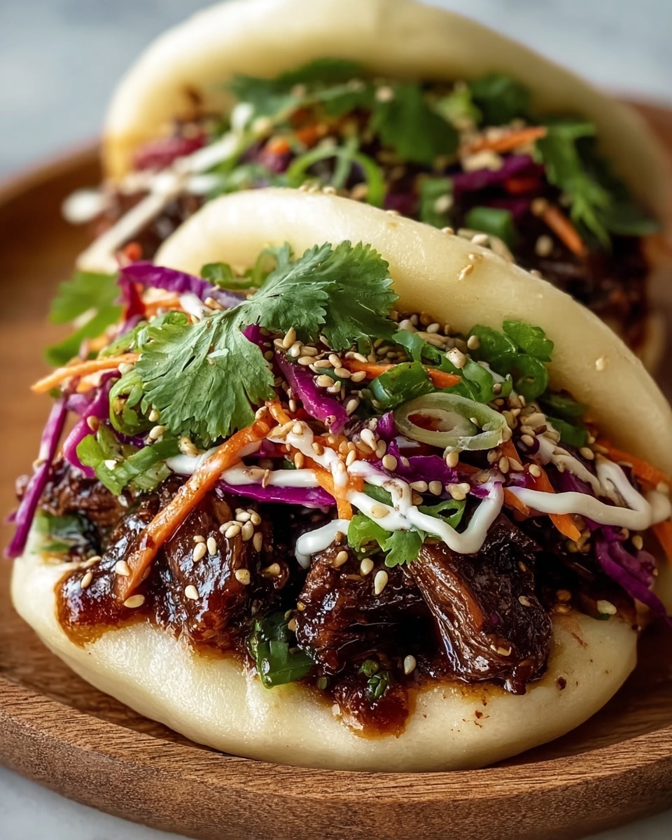 Large white rectangular platter showcasing an array of freshly made bao buns, each generously filled with tender, glazed shredded beef, topped with vibrant slaws of purple cabbage, julienned carrots, fresh cilantro, sliced green onions, and sprinkled with toasted sesame seeds, all drizzled with a creamy sauce, whole dish beautifully arranged and photographed from a 3/4 angle on a white marble countertop, natural lighting highlighting the rich colors and textures, professional food styling photo taken with an iphone --ar 4:5 --v 7