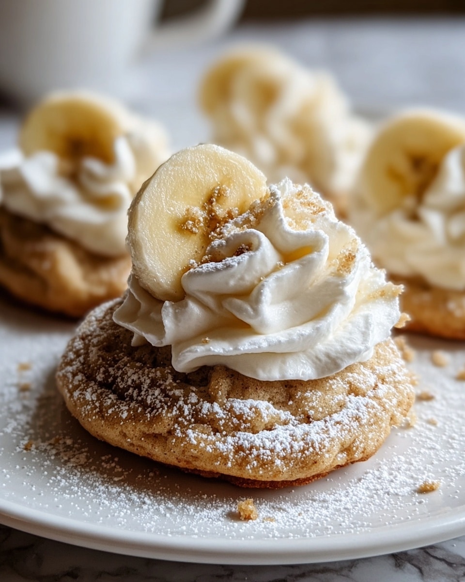 Large white round plate filled with a stack of four fluffy banana pancakes, each topped with powdered sugar and bits of chopped nuts, garnished with fresh banana slices, and a generous dollop of whipped cream in the center; the full stack is arranged neatly to showcase the texture and toppings, photographed from a 3/4 angle on a white marble background with natural lighting, professional food styling photo taken with an iphone --ar 4:5 --v 7