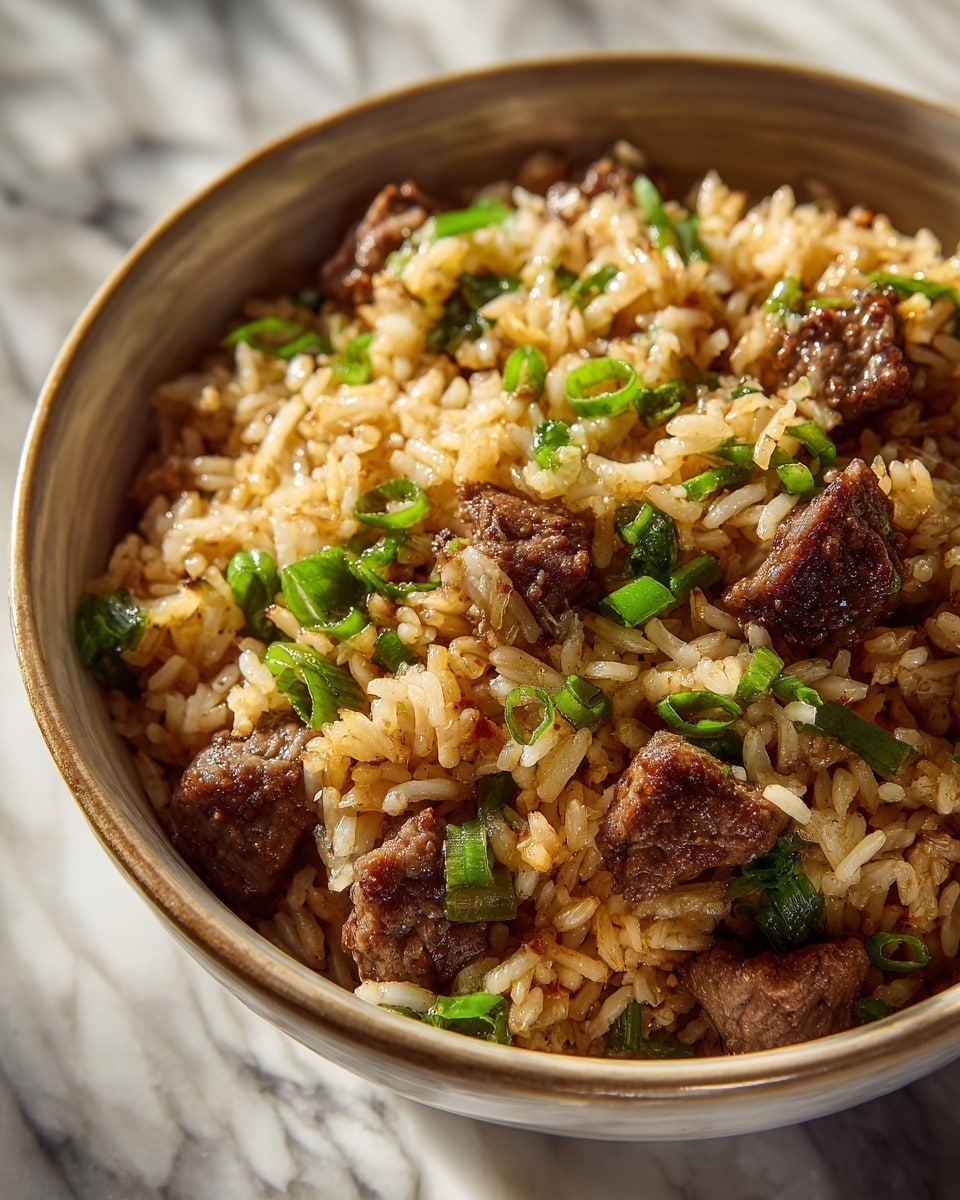 Large black cast iron skillet filled with savory ground beef and seasoned rice mixed with diced green bell peppers and chopped scallions, the whole dish presented in the skillet showing generous portions of tender meat and fluffy, flavorful rice, photographed from a 3/4 angle on a white marble countertop with natural light highlighting the textures, professional food styling photo taken with an iphone --ar 4:5 --v 7