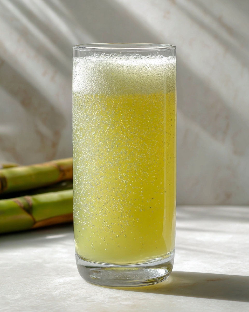 Tall clear glass filled with fresh, frothy sugarcane juice, bubbles visible throughout the pale yellow-green liquid, surrounded by several whole sugarcane stalks resting on clean white plates, all arranged on a white marble countertop with natural sunlight highlighting the textures, professional food styling photo taken with an iphone --ar 4:5 --v 7