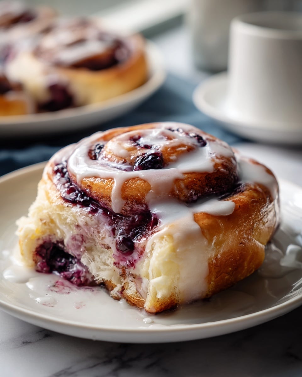 Rectangular white baking pan filled with a full batch of golden-brown blueberry cinnamon rolls, each swirl thickly layered with vibrant blueberry filling and topped with a creamy white glaze that slightly drips over the edges, fresh blueberries nestled in the center of each roll, entire dish shown from a 3/4 angle on a white marble countertop under natural lighting, styled as a professional hero shot from a food magazine, photo taken with an iphone --ar 4:5 --v 7