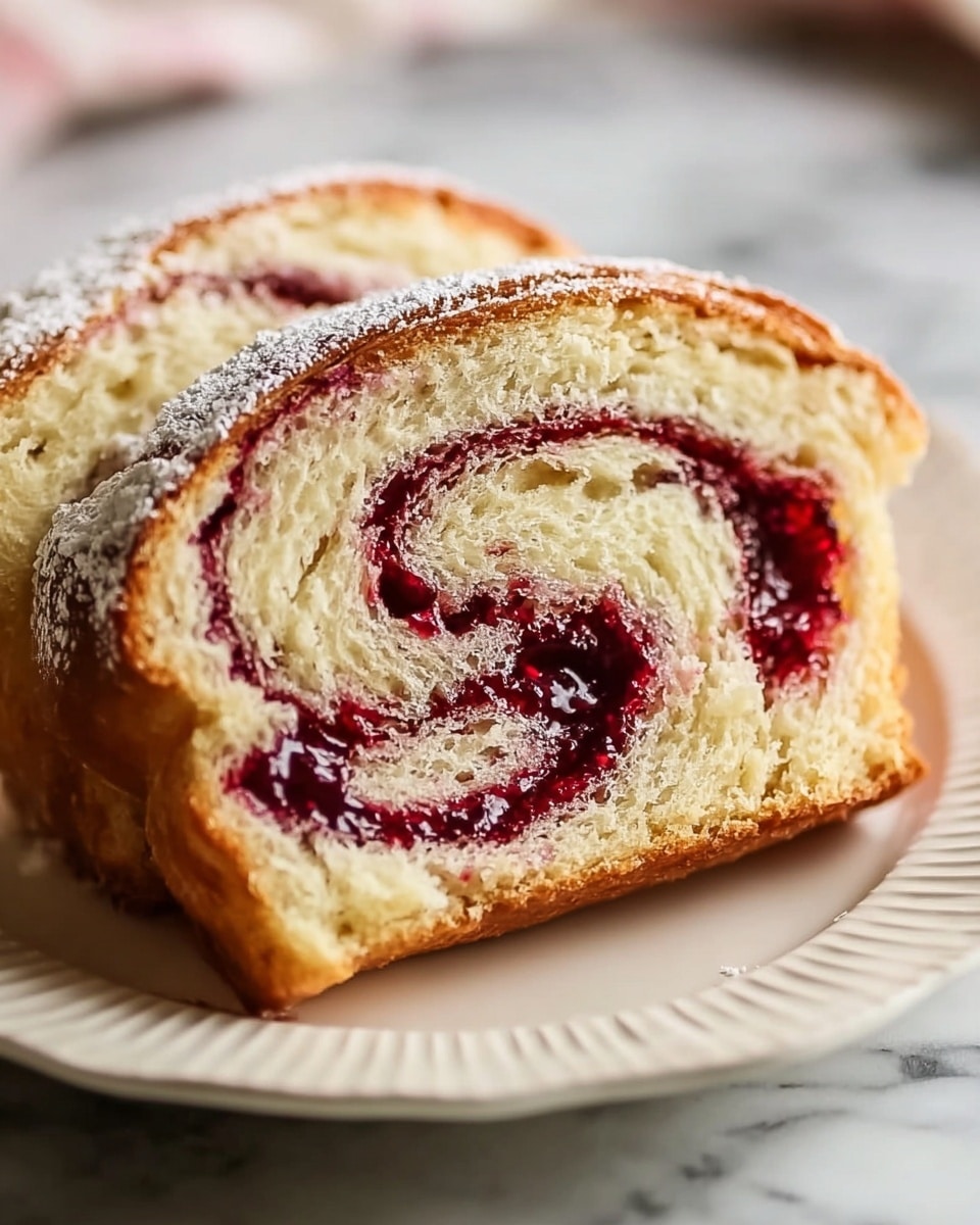 Loaf of freshly baked raspberry swirl bread in a white ceramic loaf pan, showcasing golden-brown braided dough with vibrant, glossy raspberry filling visible in each twist, sprinkled lightly with granulated sugar on top, whole loaf presented intact on a white marble countertop with natural lighting, professional food magazine style photo taken with an iphone --ar 4:5 --v 7
