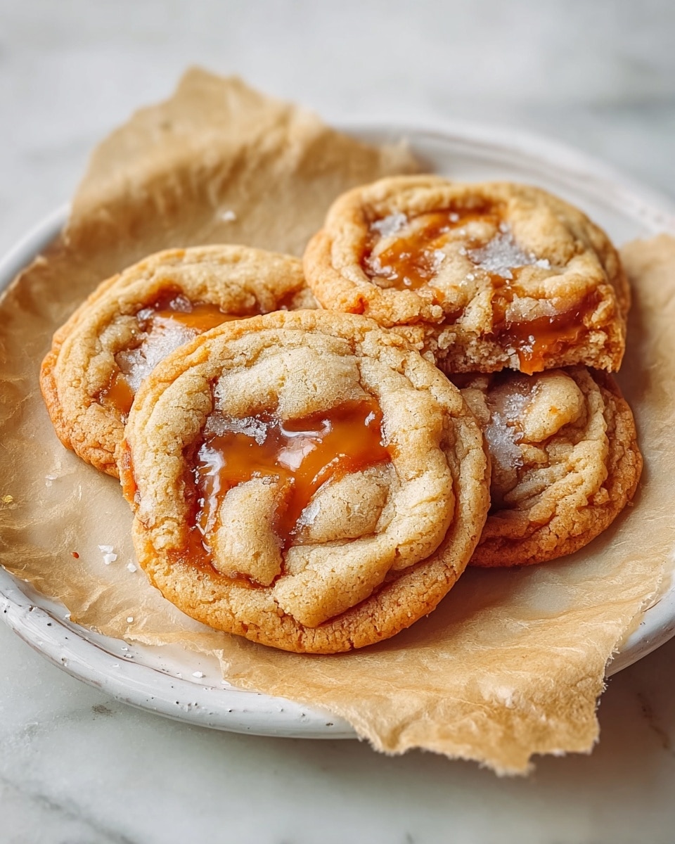 A rustic wooden platter lined with crinkled white parchment paper piled high with a full batch of golden brown caramel cinnamon cookies, each cookie perfectly round with slightly cracked surfaces showcasing the glistening amber caramel center, whole cookies arranged closely together in an inviting spread, photographed from a 3/4 angle on a white marble surface with natural lighting that highlights the warm tones and textures, professional food magazine hero shot, photo taken with an iphone --ar 4:5 --v 7