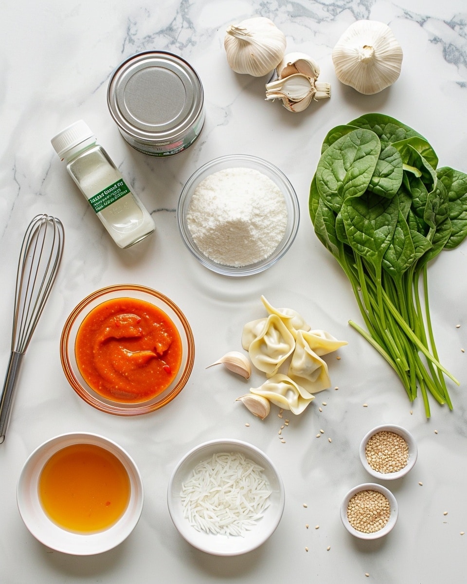 Single white shallow bowl presenting one plated portion of pan-seared dumplings nestled in a creamy, spicy orange sauce, close-up angled shot revealing the delicate, golden-browned edges of the dumplings and the vibrant green scallions and spinach mixed in. The sauce is speckled with toasted sesame seeds and chili oil droplets, highlighting the rich texture and layers of flavors. The dish is styled on a white marble surface under natural lighting, evoking a food blog aesthetic, intimate and ready to eat, photo taken with an iphone --ar 4:5 --v 7