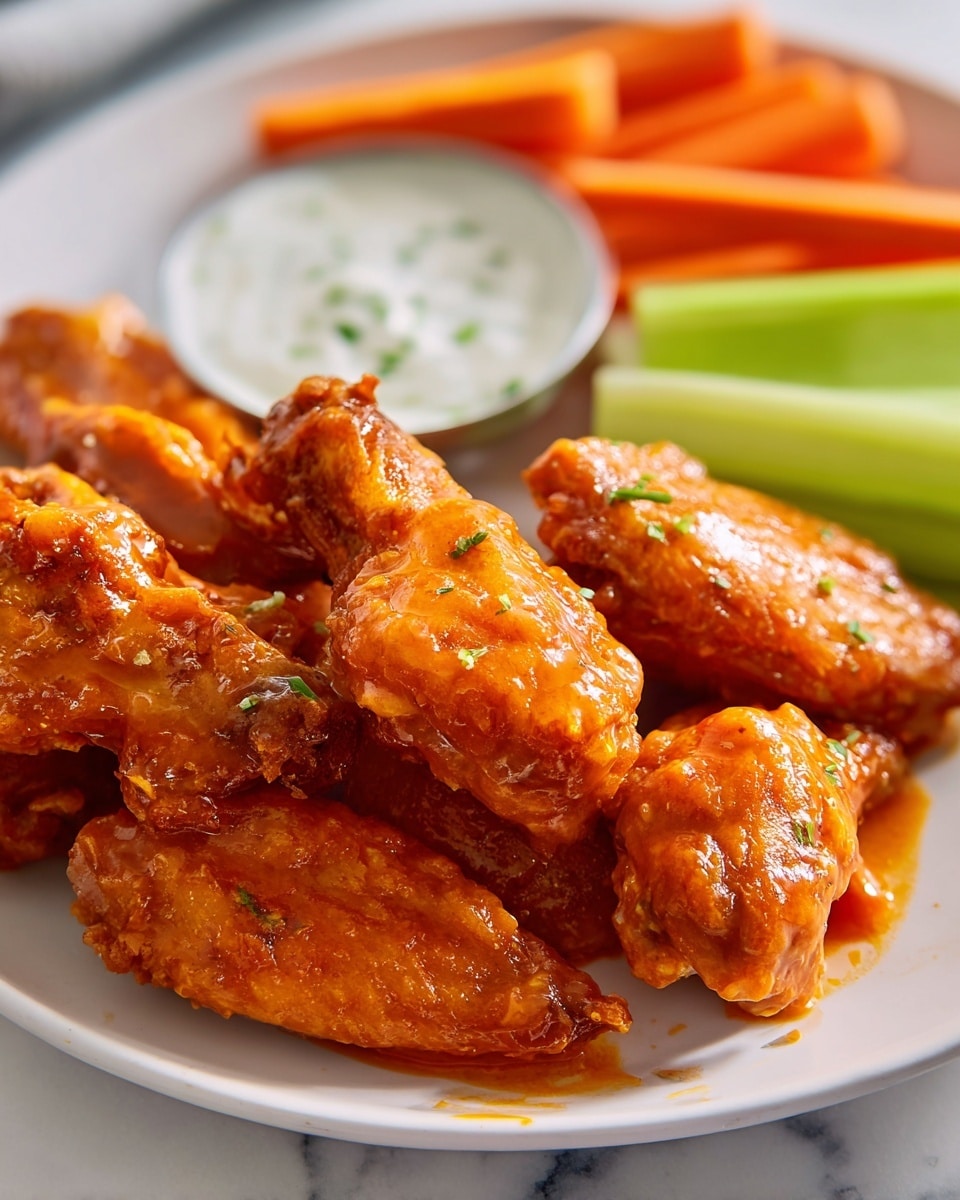 Large white serving platter piled high with a full batch of crispy, golden-brown buffalo chicken wings coated evenly in a glossy, spicy sauce, surrounded by generous bundles of fresh, crunchy carrot sticks and celery sticks neatly arranged around a central white ramekin filled with creamy ranch dipping sauce, whole dish captured from a 3/4 angle on a white marble countertop with natural lighting, styled as a vibrant food magazine hero shot, photo taken with an iphone --ar 4:5 --v 7