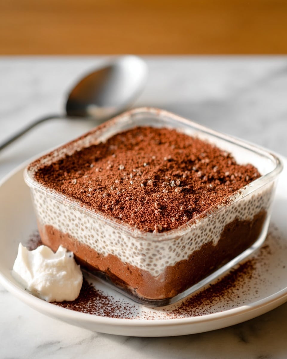 Rectangular glass baking dish filled with a complete, creamy tiramisu topped evenly with rich, dark cocoa powder, showing the smooth, luscious layers beneath the surface along the edges, presented on a pristine white marble countertop, captured in natural light with a professional 3/4 angle food magazine hero shot, photo taken with an iphone --ar 4:5 --v 7