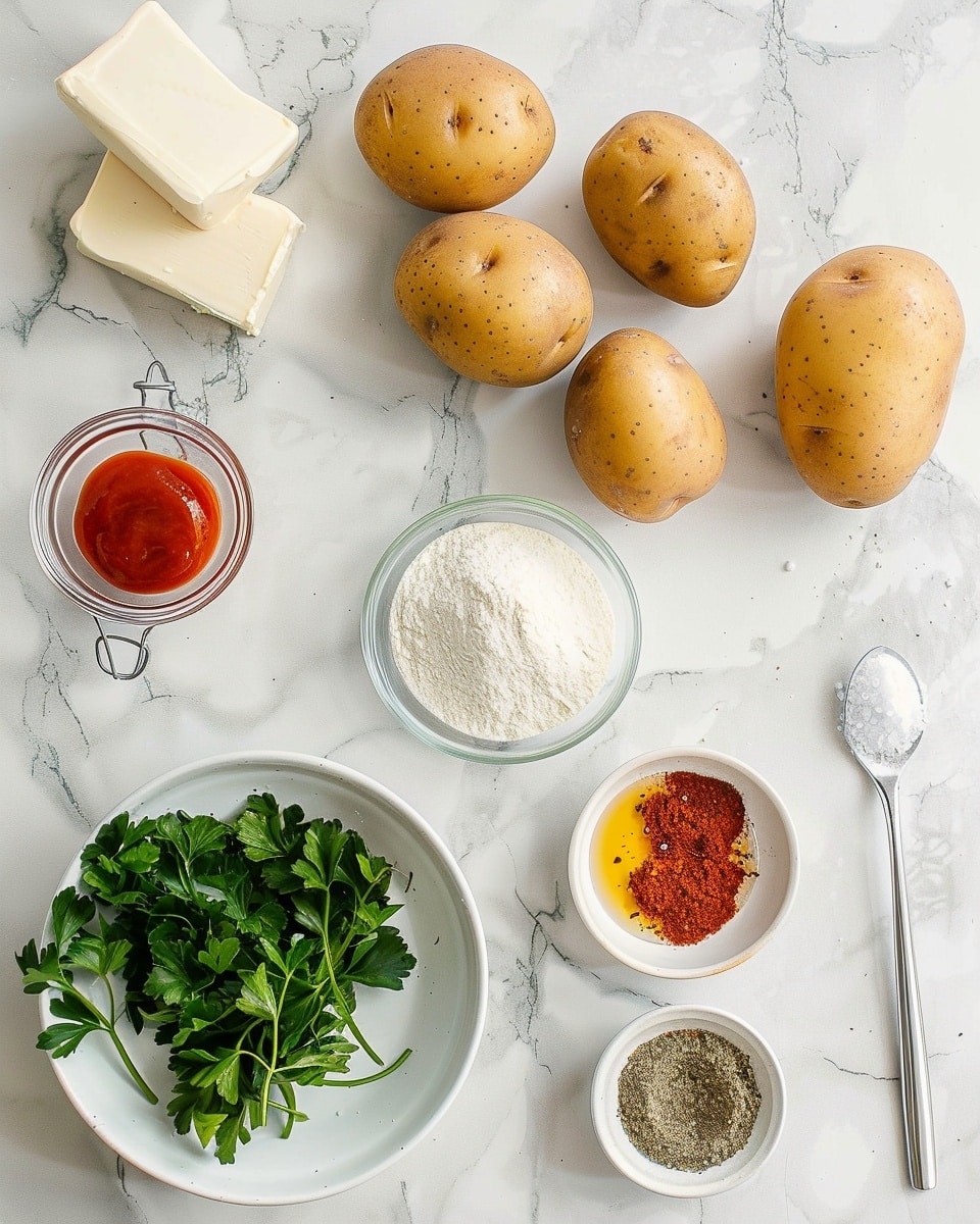 Single white round plate featuring a neatly arranged serving of crispy golden-brown potato croquettes sprinkled with finely chopped parsley and grated cheese, close-up angled shot highlighting the crunchy textured exterior and the soft fluffy interior visible through a slight opening, accompanied by a small dipping bowl filled with creamy orange sauce garnished with herbs, set on a white marble surface with natural lighting for a fresh, styled food blog presentation, photo taken with an iphone --ar 4:5 --v 7