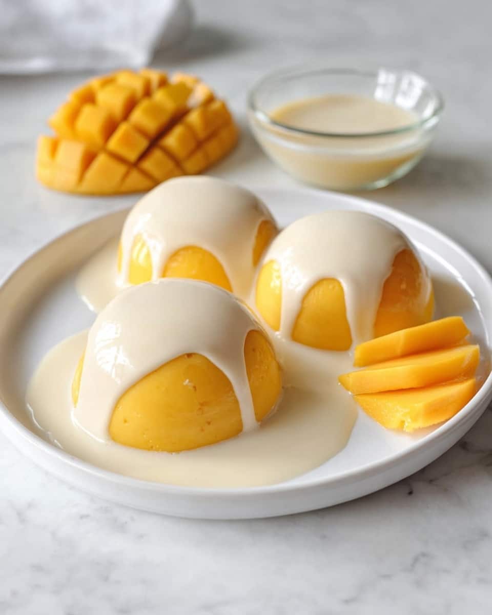 Large white plate featuring three perfectly domed mango puddings covered with smooth, creamy white sauce, accompanied by fresh sliced mango on the side and a small glass bowl filled with extra sauce, all arranged on a white marble countertop with soft natural lighting, professional 3/4 angle food magazine style photo taken with an iphone --ar 4:5 --v 7