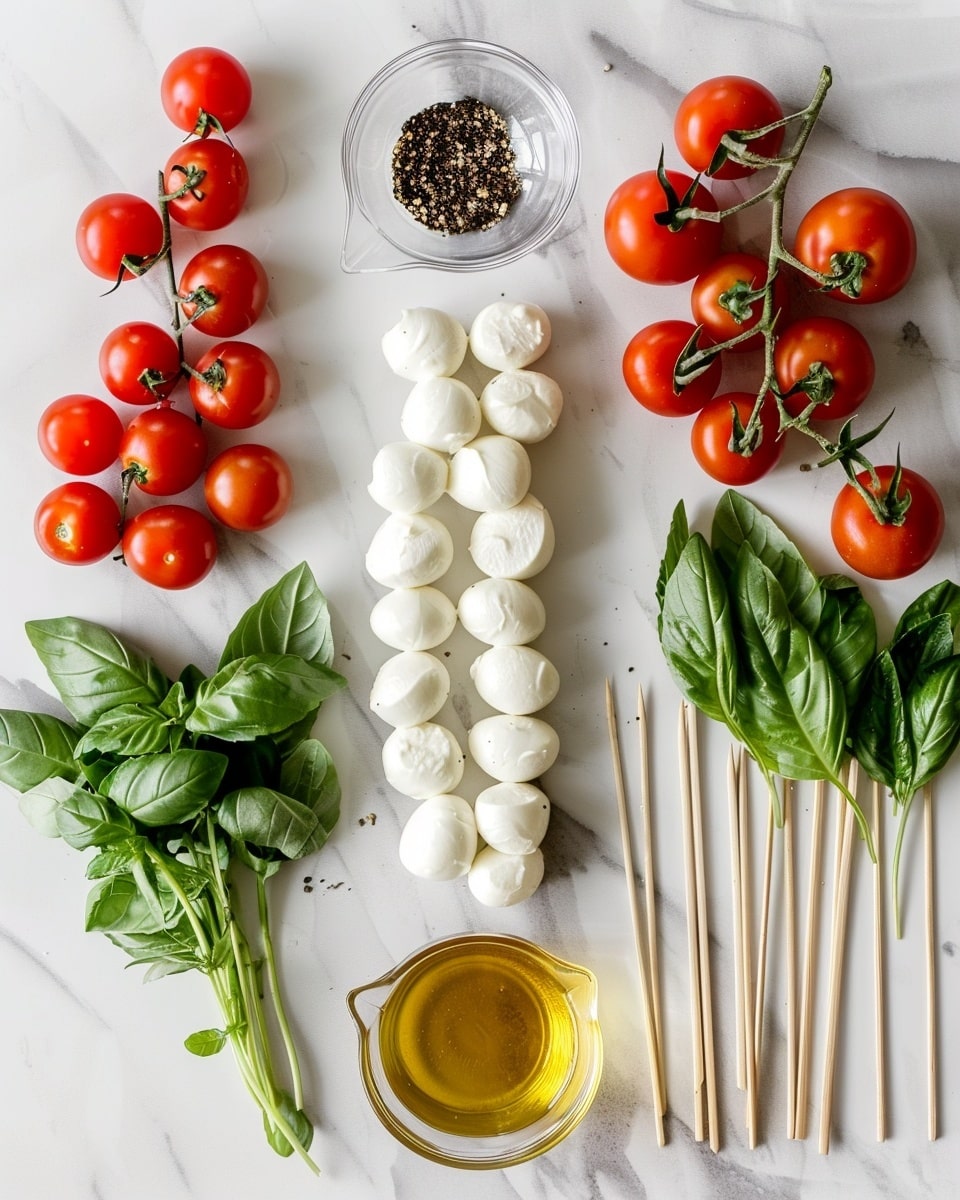 Single white plate featuring one skewer of Caprese salad with alternating layers of vibrant cherry tomatoes, fresh basil leaves, and soft mozzarella balls, lightly drizzled with olive oil and sprinkled with cracked black pepper and finely chopped herbs, close-up angled shot revealing the juicy texture of tomatoes and creamy interior of cheese, natural lighting highlighting the freshness, placed on a white marble surface, intimate plated serving photo taken with an iphone --ar 4:5 --v 7