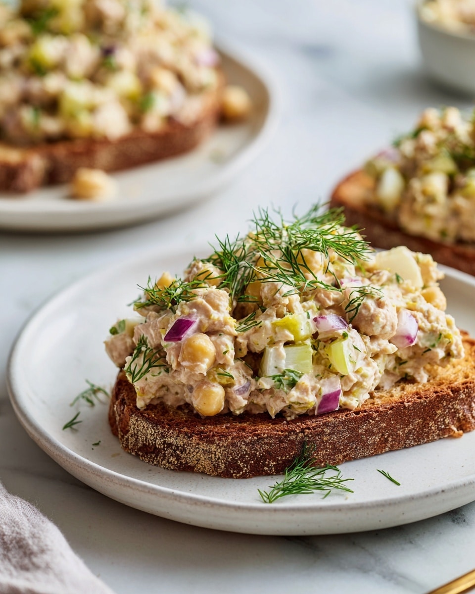 Large white serving bowl filled with a creamy chickpea and tuna salad mixed with diced celery, red onion, and fresh herbs, showcasing a vibrant and chunky texture, garnished lightly with chopped green onions, placed on a white marble countertop alongside crispy toasted baguette slices, natural lighting highlighting the freshness and colors, professional 3/4 angle food magazine style photo taken with an iphone --ar 4:5 --v 7