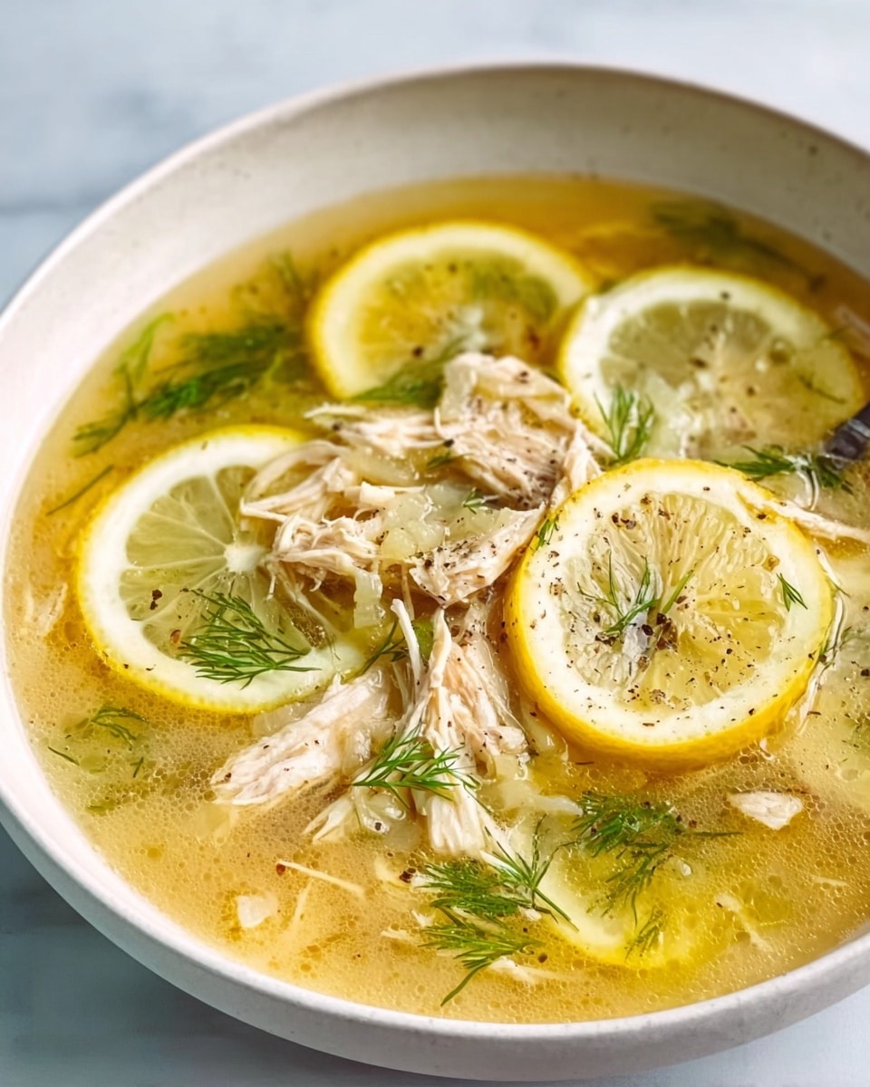 Large white bowl filled with a steaming whole batch of homemade chicken lemon soup, featuring tender shredded chicken pieces immersed in a clear golden broth with thinly sliced lemon rounds, floating fresh dill sprigs, finely chopped onions, and freshly ground black pepper, showcasing the vibrant and comforting ingredients in a wholesome presentation, photographed from a 3/4 angle on a white marble countertop with natural lighting, professional food magazine style photo taken with an iphone --ar 4:5 --v 7