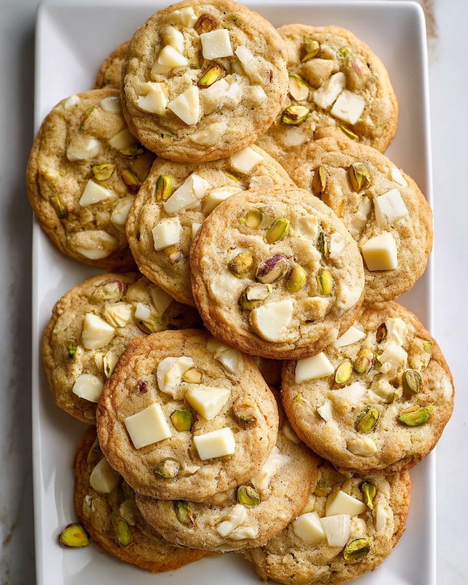 White rectangular platter filled with a generous batch of freshly baked white chocolate chip and pistachio cookies, each cookie golden brown with slightly crisp edges, topped with large chunks of creamy white chocolate and vibrant green pistachio pieces, arranged in a slightly overlapping pattern, photographed from a 3/4 angle on a white marble countertop with natural lighting, capturing the full batch as a hero food magazine shot, photo taken with an iphone --ar 4:5 --v 7