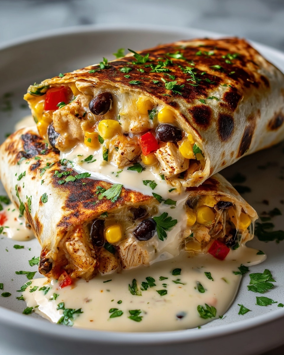 Large white plate filled with three whole, folded chicken burritos packed with black beans, corn, diced tomatoes, tender pieces of seasoned chicken, and melted cheese, draped with creamy sauce and sprinkled with fresh chopped cilantro, arranged neatly with a side of vibrant yellow rice with diced tomatoes, photographed from a 3/4 angle on a white marble countertop, natural lighting, professional food magazine hero shot photo taken with an iphone --ar 4:5 --v 7