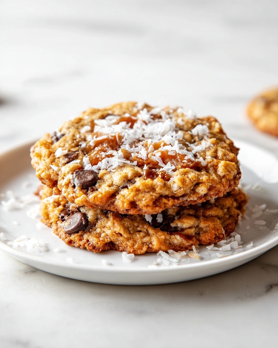A large white rectangular baking tray filled with freshly baked oatmeal cookies studded with chunks of caramel and chocolate chips, each cookie generously sprinkled with shredded coconut flakes on top, arranged neatly and touching each other, showcasing their golden-brown edges and soft, chewy center, whole dish photographed from a 3/4 angle on a white marble countertop with natural lighting, professional food styling photo taken with an iphone --ar 4:5 --v 7