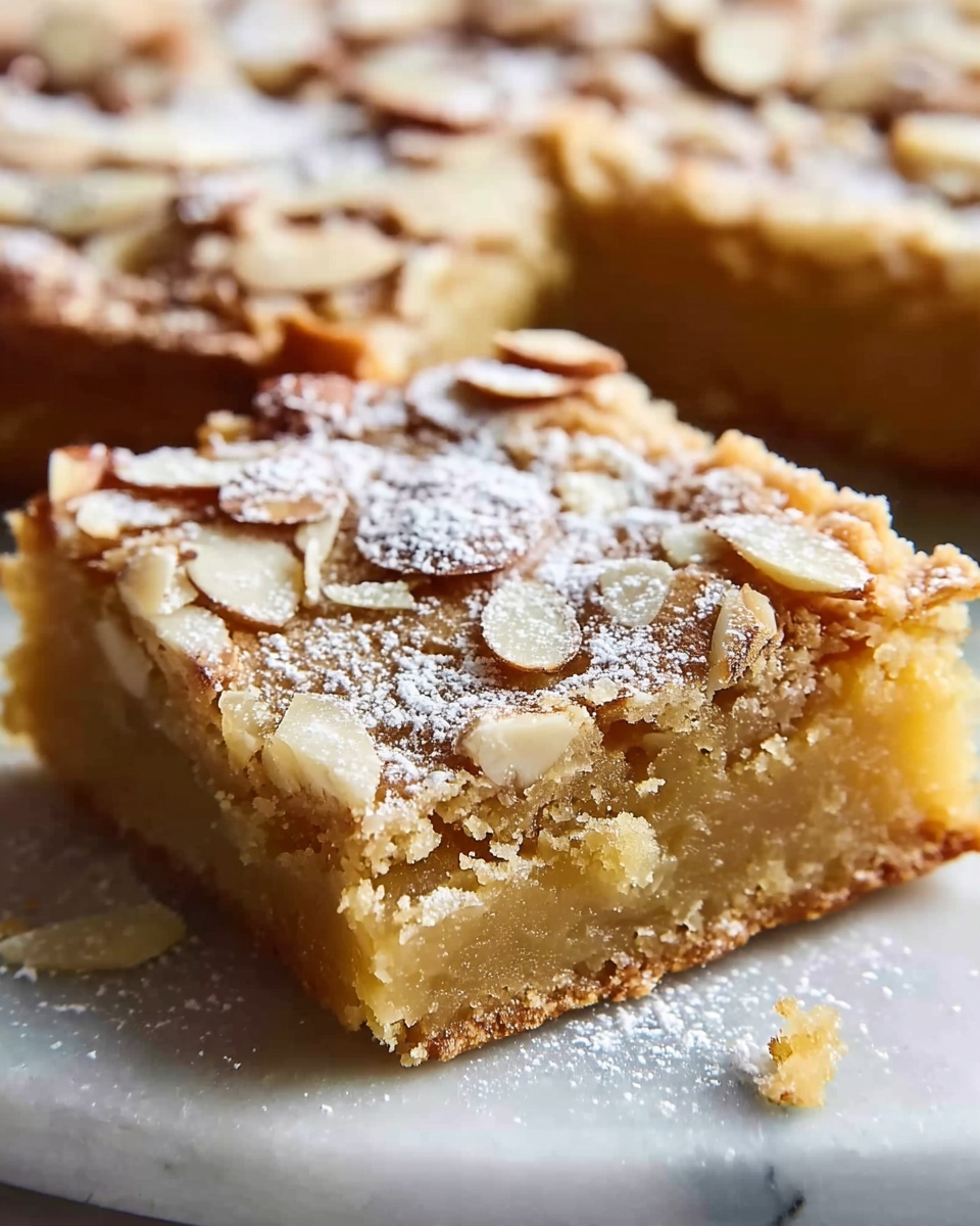 A large white rectangular baking dish filled with an uncut almond bar dessert, showcasing a golden, soft, and dense almond filling topped generously with whole and sliced almonds scattered evenly across the entire surface, dusted lightly with powdered sugar, the edges slightly crumbly and perfectly baked, photographed from a 3/4 angle on a white marble background with natural lighting, styled like a hero shot for a food magazine, photo taken with an iphone --ar 4:5 --v 7