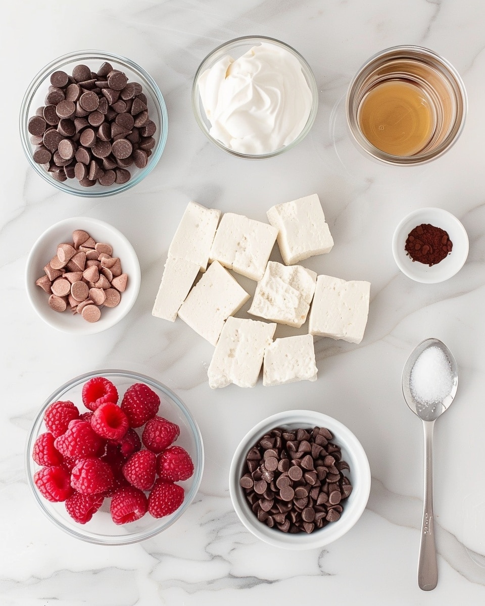Single white ramekin filled with a rich and creamy chocolate mousse, smooth texture visible on the surface, topped with fresh raspberries and a dollop of whipped cream on the side, close-up angled shot revealing the airy lightness of the mousse, placed on white marble background under natural lighting, styled as an intimate plated serving from a food blog, photo taken with an iphone --ar 4:5 --v 7